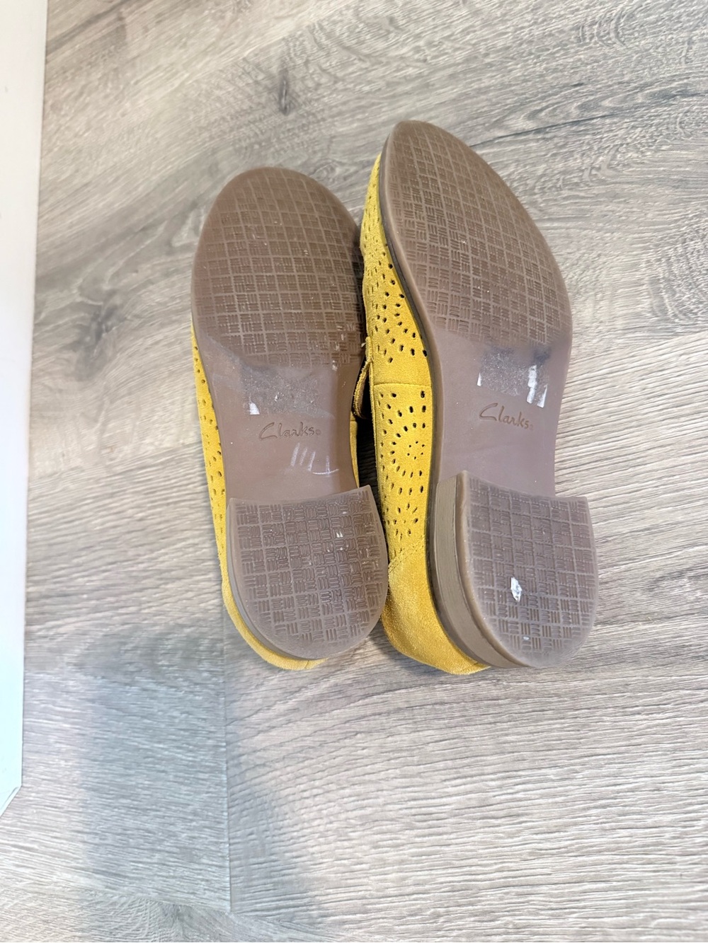 Clarks Mustard Suede Perforated Slip-On Loafers - Picture 8 of 10